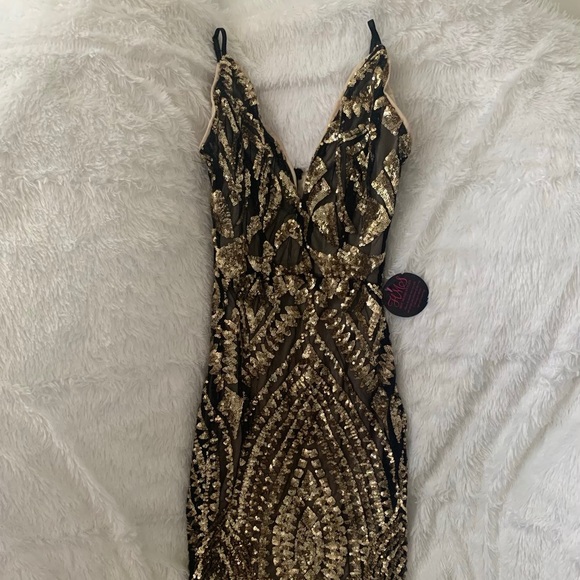 Black Gold Sequins Spaghetti Straps Dress - Picture 2 of 5